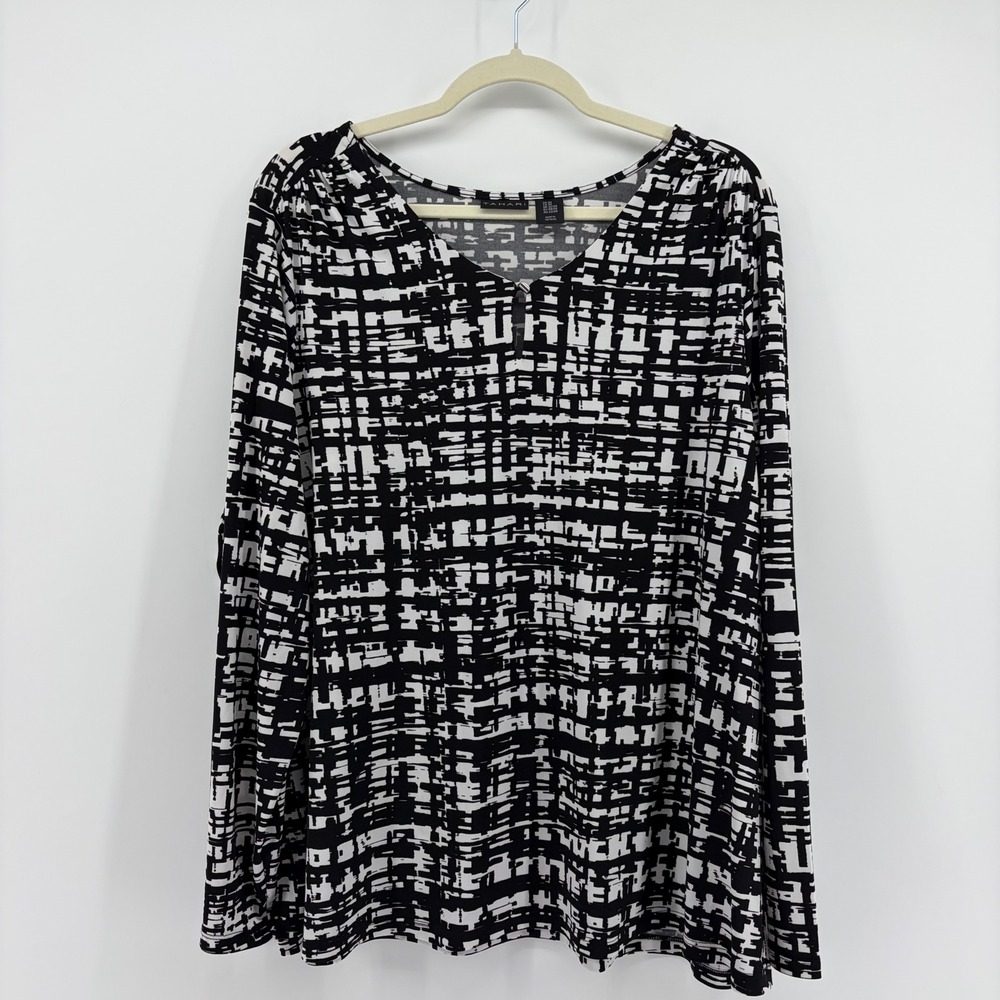 Tahari Womens 2X Black White Abstract Grid Blouse Keyhole V-Neck Long Sleeve Top